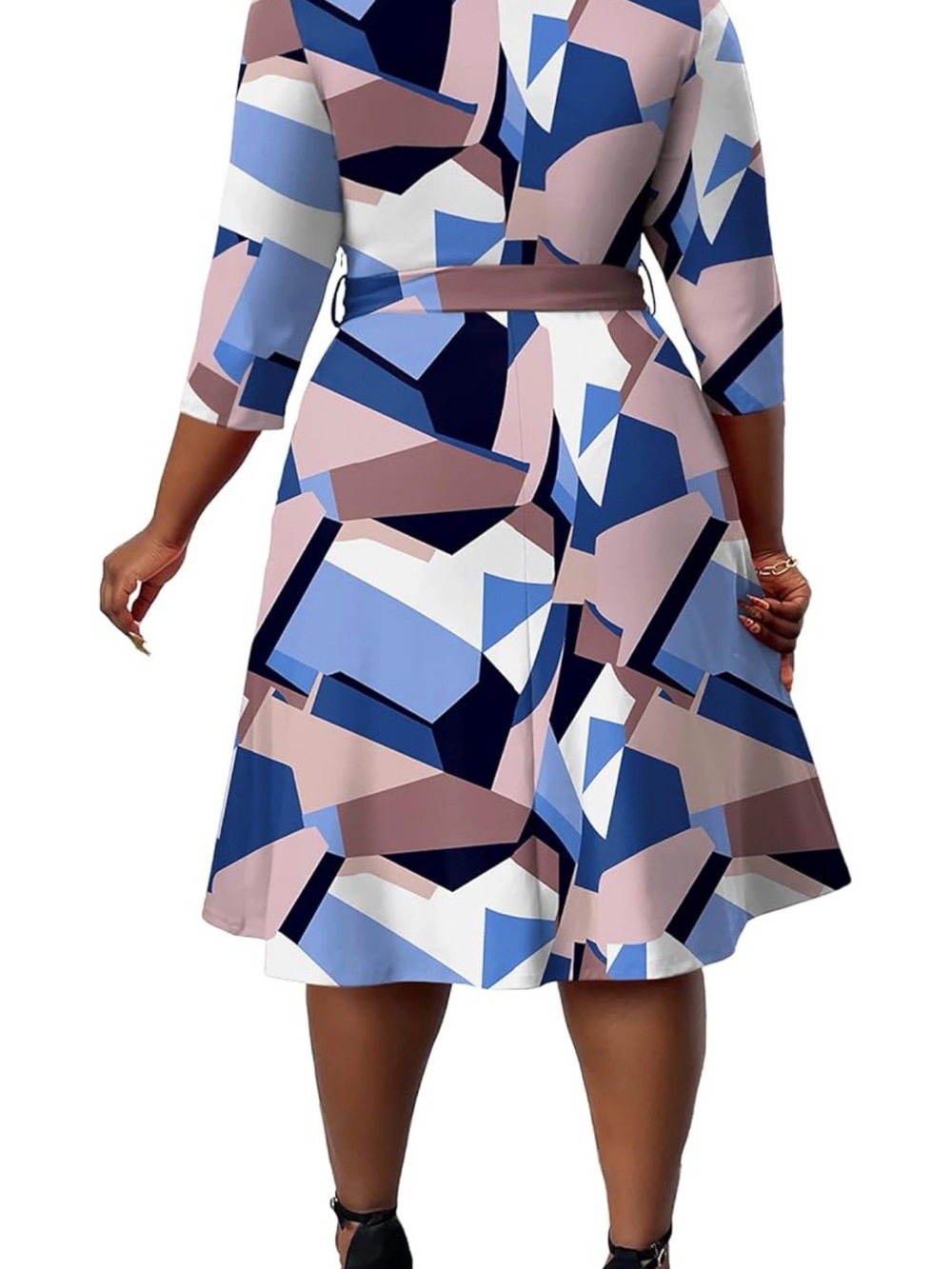 FANDEE Geometric Print Blue & Pink Tie-Waist A-Line Dress - Picture 3 of 12